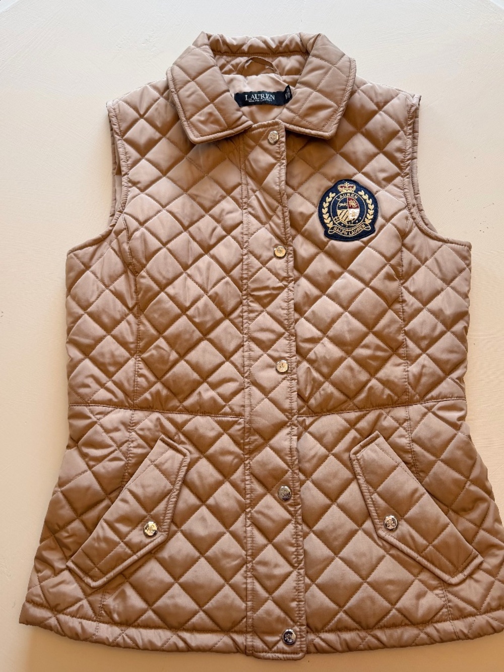 Lauren Ralph Lauren Crest Patch Diamond Quilted Vest Tan Beige Snaps - XS